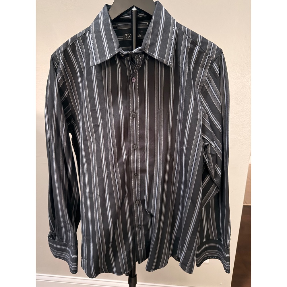 7 Diamonds Mens Large Black Blue Striped Long Sleeve Button Down Shirt Chevron